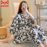 貓人（MiiOW）棉綢春秋夏季睡衣女長袖空調(diào)服人造棉寬松大碼時尚氣質(zhì)家居服套裝 026#碎花 M 70-100斤