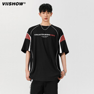 viishow短袖t恤男2025夏季美式潮牌拼接撞色寬松休閑運(yùn)動(dòng)體恤衫 黑色 M
