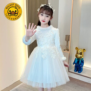 G.DUCKKIDS女童秋冬加絨毛領(lǐng)短款連衣裙網(wǎng)紗蓬蓬公主裙毛絨袖口長袖晚拜年服 白色 110 cm