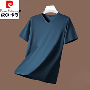 皮爾卡丹（pierre cardin）桑蠶絲短袖t恤男士夏季薄款休閑涼感垂感純色無痕圓領體恤打底衫 墨綠【3311】V.領 3XL 185【適合體重175-195斤】