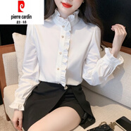 皮爾卡丹（pierre cardin）法式立領荷葉邊蕾絲雪紡襯衫女春秋洋氣別致木耳邊高領喇叭袖上衣 白色 M
