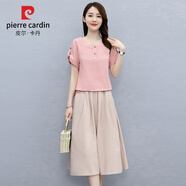 皮爾卡丹（pierre cardin）夏季短袖連衣裙女裝2024新款韓版寬松時(shí)尚氣質(zhì)中長(zhǎng)款套裝顯瘦裙子 粉色+半身裙 L （105-115斤）