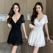 筑凡胖mm大碼蕾絲連衣裙300斤夜店性感氣質(zhì)辣妹v領(lǐng)加肥加大短款特大號 黑色 2XL 150斤/200斤