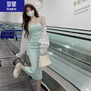 羅蒙（ROMON）女裝連衣裙2025新款性感掛脖露背修身包臀長裙女純欲辣妹抹胸褶皺 薄荷綠 M