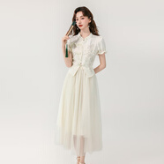 吻璦（wenai）連衣裙2025年新款裙子女夏季新中式盤口重工釘珠上衣+網(wǎng)紗半身裙 白色 L