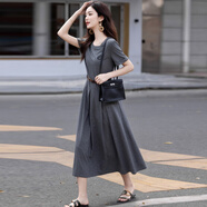 燕潯短袖連衣裙女裝新品2025春夏季新款時尚氣質(zhì)百搭顯瘦洋氣裙子女 灰色 M