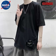 NASALIKE@破洞長(cháng)袖T恤男潮牌ins港風(fēng)寬松打底衫潮流百搭帥氣嘻哈搭配 汐B90半圓開(kāi)叉黑色 2XL