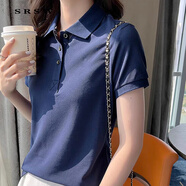 SRSW 短袖T恤女POLO領(lǐng)夏季新款簡約百搭通勤POLO衫涼爽透氣減齡顯瘦女 藏青色（無LOGO款） XL  建議115-125斤