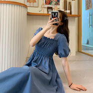 夏蓓朵2025年新款夏季小眾設計感可鹽可甜方領(lǐng)泡泡袖連衣裙子長(cháng)款長(cháng)裙女 淺藍色連衣裙 L 55/60kg