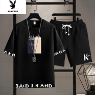 花花公子2022新款潮流兩件套T恤夏季短袖套裝男韓版運動(dòng)休閑帥氣一套衣服 黑色(上衣+短褲) M 建議90-100