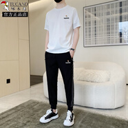 啄木鳥冰絲休閑運動套裝男士短袖t恤夏季薄款ins潮牌一套搭配帥氣 白色 長褲套裝 8906# M 90-110斤左右