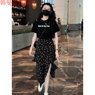 韓曼蕊小眾設(shè)計(jì)假兩件t恤連衣裙2025新款女夏季短袖減齡側(cè)開叉碎花長裙 黑色連衣裙 XL 【建議118-125斤】