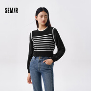 森馬（Semir）森馬針織衫女短款假兩件條紋氣質(zhì)2024春套頭衫通勤 黑白色調00391 L 165/88A