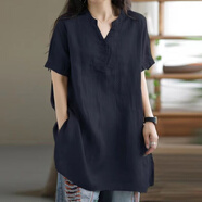 冠貿(mào)裴夏季棉麻寬松上衣純色短袖媽媽裝歐美風(fēng)格大碼女裝 黑色 XL