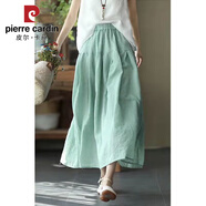 皮爾卡丹（pierre cardin）棉麻半身裙女新款大擺裙純色飄逸長(cháng)裙蓬蓬裙雙層透氣文藝中腰松緊 薄荷綠 3XL 建議145-160斤