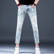 圣彬霸（SHENG BIN Ba）假破洞補丁牛仔褲男彩繪印花新款春夏季修身乞丐褲子韓版小腳長(cháng)褲 蘭色 九分常規款 30 【2尺3腰圍】