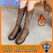 元蓓盈美式復(fù)古刺繡西部牛仔靴女v口高筒騎士靴棕色長靴真皮辣妹長筒靴 深棕色 加絨【升級版】鞋柜專品 38