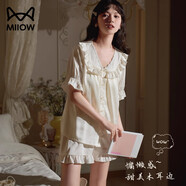 貓人女士睡衣女帶胸墊防走光秋冬兩件套短袖開衫文藝可外穿家居服女