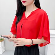 浮夏配吊帶裙的小外搭國風(fēng)版夏季披肩短款薄外套雪紡罩衫斗篷小披肩女 紅色 雪紡 均碼 80-145斤
