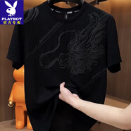 花花公子高端輕奢設(shè)計師款透氣T恤龍圖案冰絲提花燙鉆男薄款夏季短袖上衣 黑色 2XL