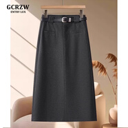 GCRZW輕奢氣質(zhì)半身裙女夏季2025新款開叉顯瘦a字西裝中長裙毛呢包臀裙 灰色-呢料 -后開叉 26/S建議90-100斤