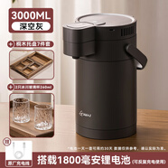天喜（TIANXI）熱水瓶一鍵自動出水熱水壺家用大容量4L按壓氣壓式保溫水壺 深空灰+托盤7件套+2玻璃杯 3L