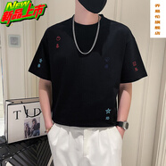 喬易倫2025新款夏季短袖t恤男潮牌刺繡寬松半袖體恤上衣潮流半截袖半袖t 黑色 M