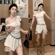 圣保美純欲辣妹斜肩蕾絲拼接白色連衣裙女夏季2025小個(gè)子韓版短裙子夏天 【白色】 XL 碼