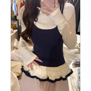 S·J·V·K韓系假兩件吊帶拼接T恤女外穿早春2025新款修身長(cháng)袖花邊裙擺上衣 藏青色 L