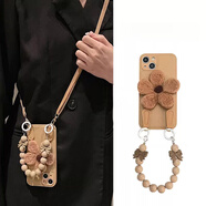 適用蘋(píng)果15promax手機殼iphone15pro斜挎背帶14por掛繩女新款13硅防摔手機保護殼套 殼+毛氈棕花朵+底部棕蝴蝶結鏈條 iPhone 15 Pro Max