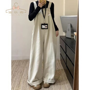 蜜樂奇感日系寬松工裝牛仔背帶褲女小個子減齡百搭復古休閑闊腿褲潮 米白色 S