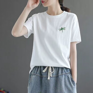 玖卡依短袖t恤女2025夏季新款女裝純棉刺繡圓領(lǐng)體恤寬松文藝半袖上衣女 白色蜻蜓 L 建議100-115斤