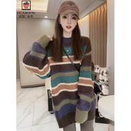 AEMAPE慵懶風(fēng)撞色彩色條紋毛衣女2025秋冬寬松洋氣中長款針織衫 條紋毛衣 均碼 (80-135斤)