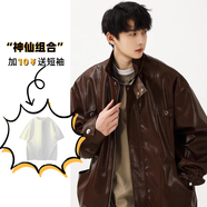 OEMG美式復(fù)古機(jī)車賽車服外套男春秋冬季PU皮衣高級(jí)感皮夾克 咖色常規(guī)+短袖兩件裝 L 【建議120-135斤】