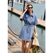 Olrain歐芮兒法式牛仔連衣裙女夏新款復(fù)古收腰小個(gè)子愛(ài)心刺繡裙子 淺藍(lán)色 S