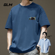 GLM敖瑞鵬代言短袖t恤男夏季休閑港風(fēng)學(xué)生青少年寬松潮搭純棉體恤ins 【純棉】霧霾藍#MGLHi貓咪 L
