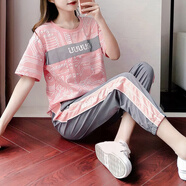 白木木（baimumu）時尚新款女短袖套裝女學生寬松顯瘦氣質(zhì)印花潮流百搭休閑運動套裝 粉色套裝 L（建議105-115斤）