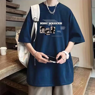 虎躍酷短袖t恤男款2025新款夏季重磅純棉寬松半袖衣服美式潮流體恤上衣 藏青色 5XL （180斤-210斤）