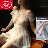 浪莎（LangSha）睡衣女冰冰涼涼性感情調內衣薄宮廷風(fēng)強欲不遮擋透明裝若隱若現 白色(全透明睡裙+內褲)+白12 M 小碼[80-100斤]