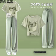 湮雨霓裳t恤女2024夏季新款小清新套裝女學(xué)生韓版寬松設(shè)計感T恤闊腿褲套裝 綠色上衣 M 建議95-110斤