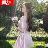 小回力家miu系小香風(fēng)粉色抹胸吊帶連衣裙貴氣感氣質(zhì)收腰蝴蝶結生日公主裙 粉色 L