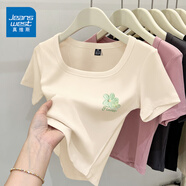 真維斯（JEANSWEST）簡約風(fēng)t恤女夏季韓版緊身顯瘦方領(lǐng)短款短袖女裝休閑百搭半袖小衫 杏色 綠色花花白_K L