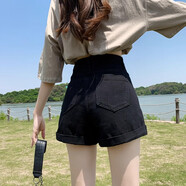 衣然呈品黑色牛仔褲短褲女夏季薄款顯瘦百搭高腰寬松休閑三分辣妹熱褲子女 黑色 3XL 【建議150-160斤】