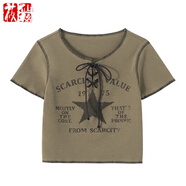 莜仙格美式甜酷辣妹套裝裙秋季露臍短袖上衣純風(fēng)百褶裙牛仔短裙兩件套夏 綁帶印花上衣 S 85斤-95斤