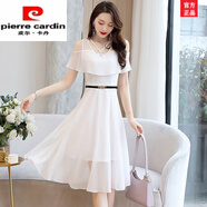皮爾卡丹（pierre cardin）雪紡連衣裙女夏季2025年新款收腰顯瘦氣質(zhì)中長(zhǎng)款露肩裙子時(shí)尚女裝 白色 L