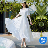 FSAT大擺裙五分袖V領(lǐng)收腰大碼雪紡連衣裙過(guò)膝沙灘裙氣質(zhì)旅游跳舞長(cháng)裙 白色 M 建議90--105斤