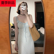 鄂爾都市牧王法式藍(lán)色格紋吊帶連衣裙子女夏季2025年新款設(shè)計(jì)感系帶雪紡包臀裙 藍(lán)色格子 S 40/45kg