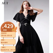 AUI黑色御姐氣質(zhì)V領(lǐng)輕奢雪紡連衣裙女2024夏新款高級(jí)感收腰百褶長(zhǎng)裙 黑色 S