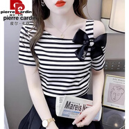 皮爾卡丹（pierre cardin）冰絲坑條紋短袖T恤女士夏季薄款修身蝴蝶結露肩別致顯瘦ins潮上衣 白條【螺紋面料升級版，不起球】 M 建議95-110斤