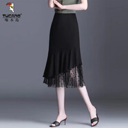 啄木鳥(niǎo)夏季魚(yú)尾雪紡半身裙中長(cháng)款魚(yú)尾裙包臀裙高腰顯瘦百搭網(wǎng)紗拼接裙子 黑色 M